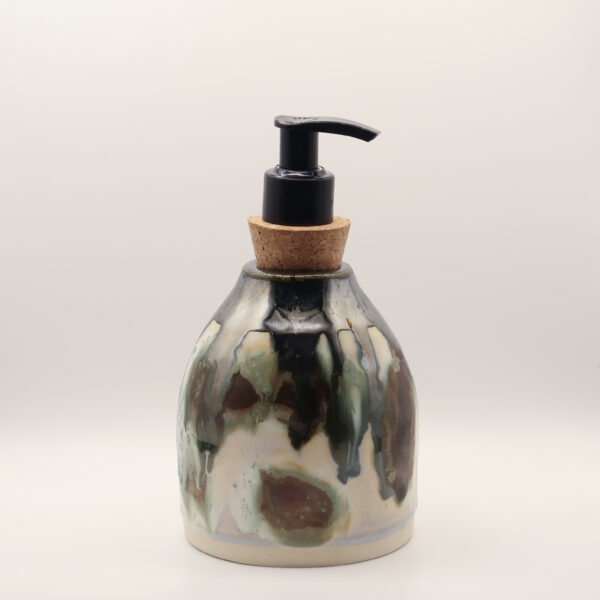 IMG_4203 Ceramic soap dispenser with black, green and brown drips over cream glaze, a cork stopper and black pump