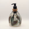 IMG_4204 Ceramic soap dispenser with dripping metallic black, cream, green and brown glaze, cork stopper and black pump