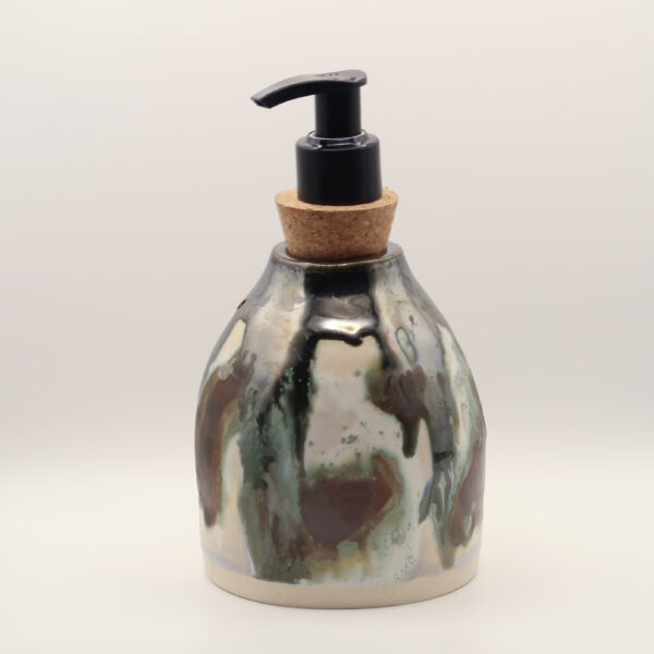 IMG_4204 Ceramic soap dispenser with dripping metallic black, cream, green and brown glaze, cork stopper and black pump