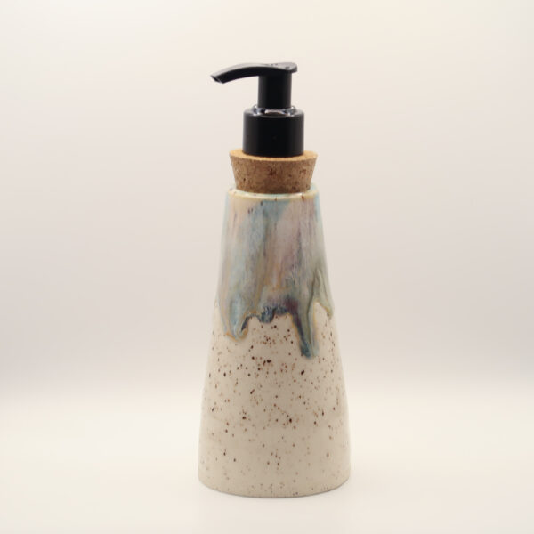 IMG_4206 Tapered ceramic soap dispenser in speckled cream glaze with blue, pink and amber drips at the top, cork collar and black pump